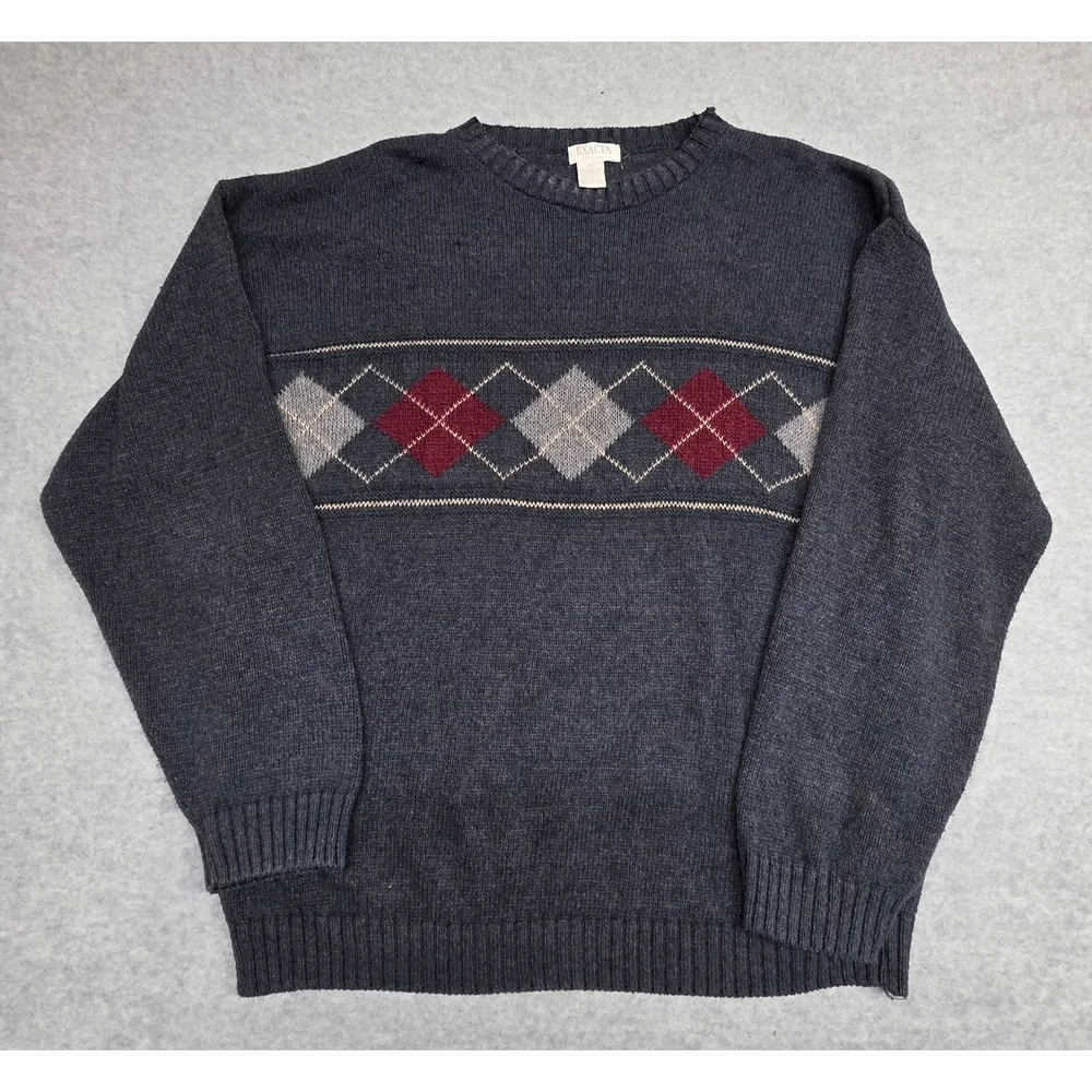Exacta Vintage Gray Argyle Sweater Mens XL Pullover Crewneck Casual USA 1990s